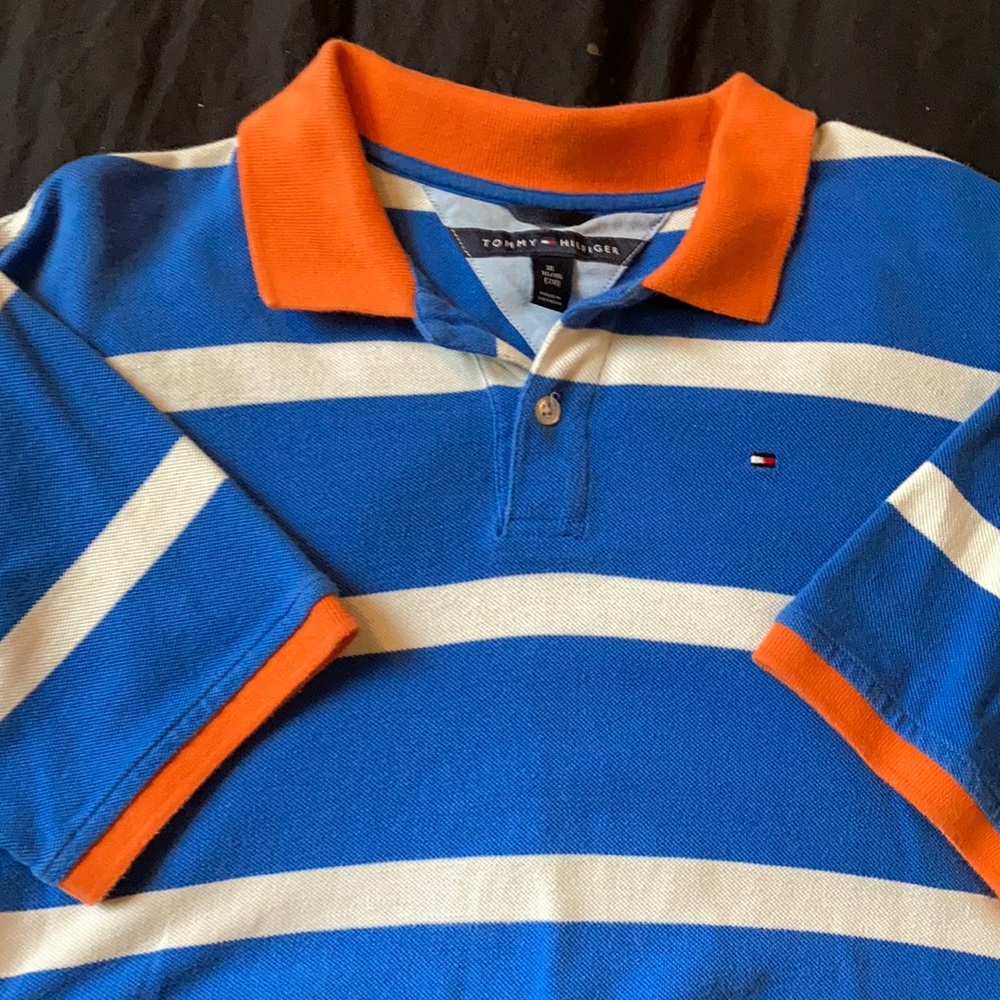 Tommy Hilfiger Men’s Blue and White striped with orange trim polo